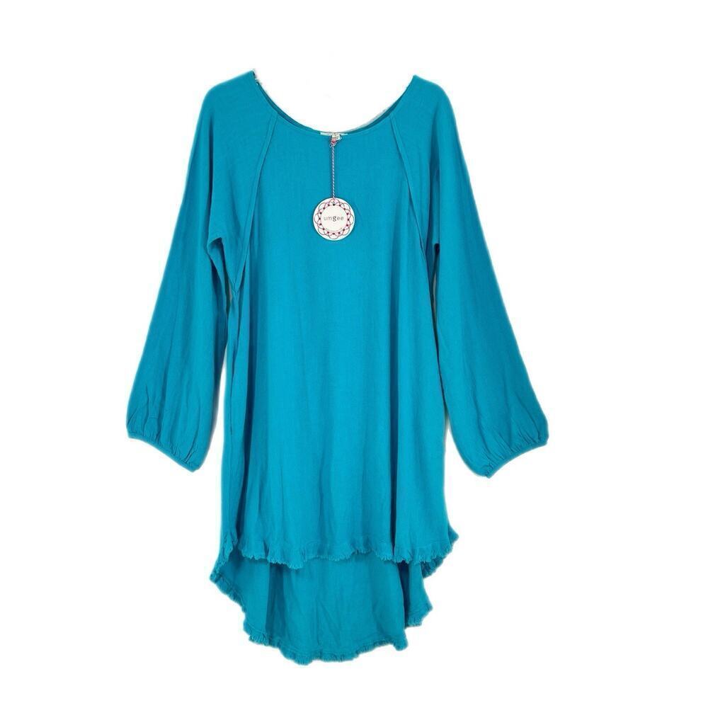 UMGEE Dress Womens S Blue Linen Cotton Shift Long Sleeve Relaxed Lagenlook NEW